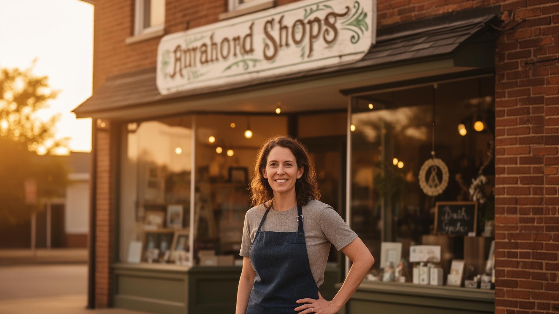 Small business owner standing in front of her main-street storefront in warm afternoon light