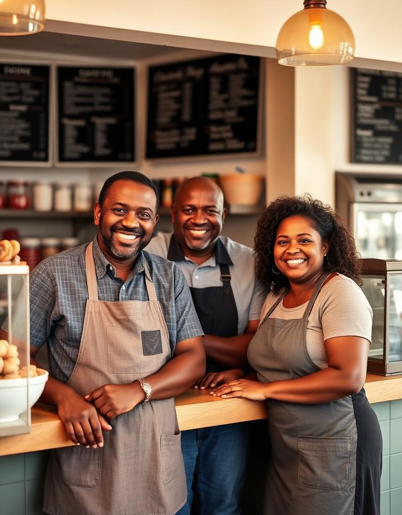 Three generations of a Black family smiling behind the counter of their family-owned restaurant on a warm afternoon