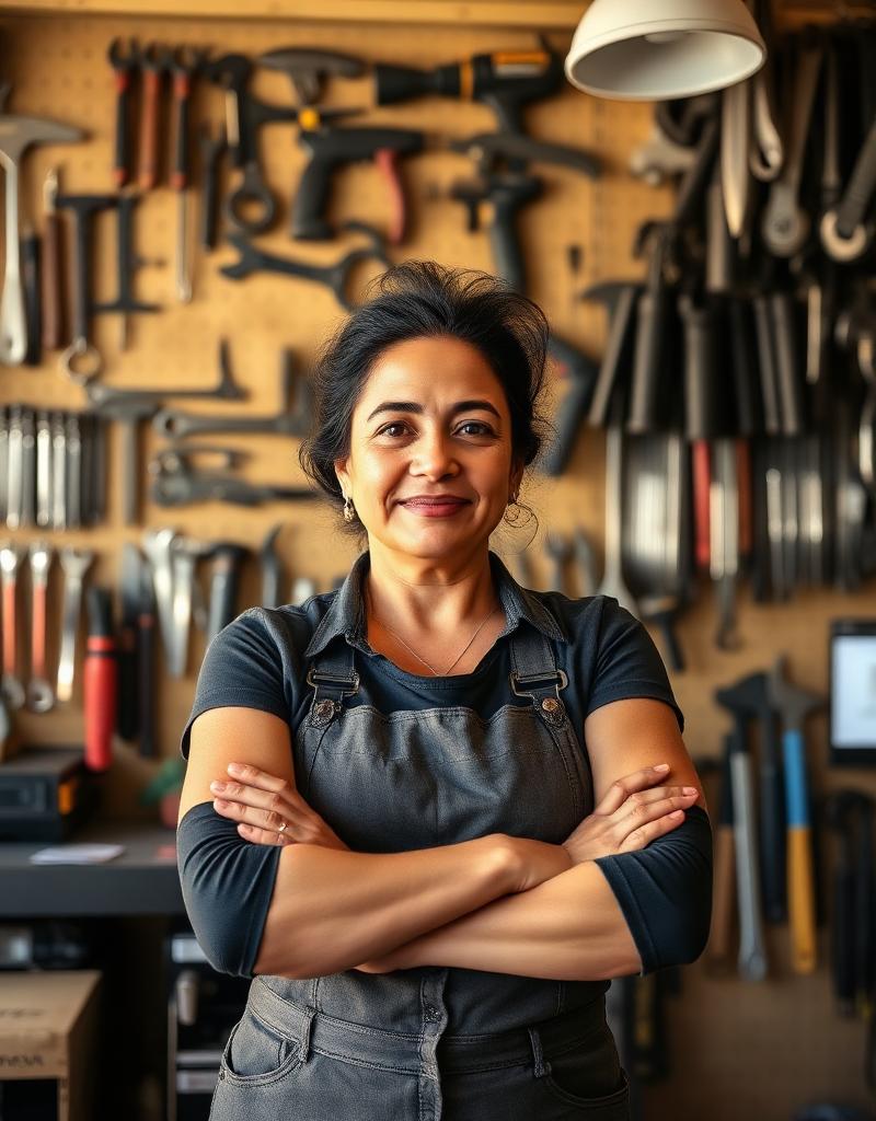 Hispanic small-business owner standing at the counter of her family-owned hardware store in front of a wall of tools
