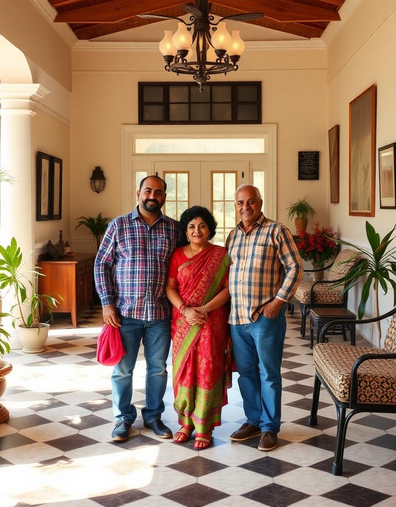 Indian-American family standing in the lobby of their small family-owned hotel, warm welcoming atmosphere